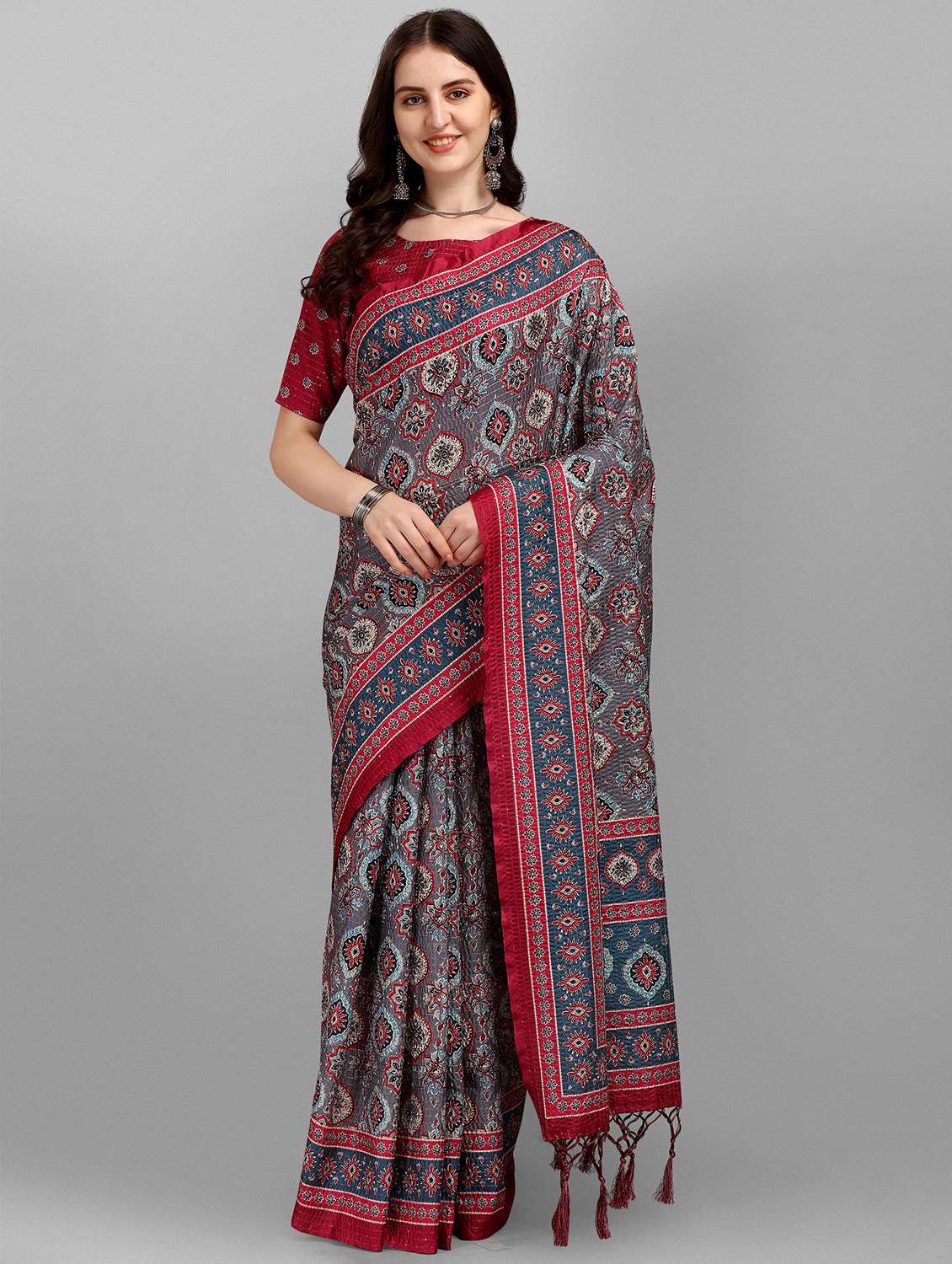 women's printed grey colored saree