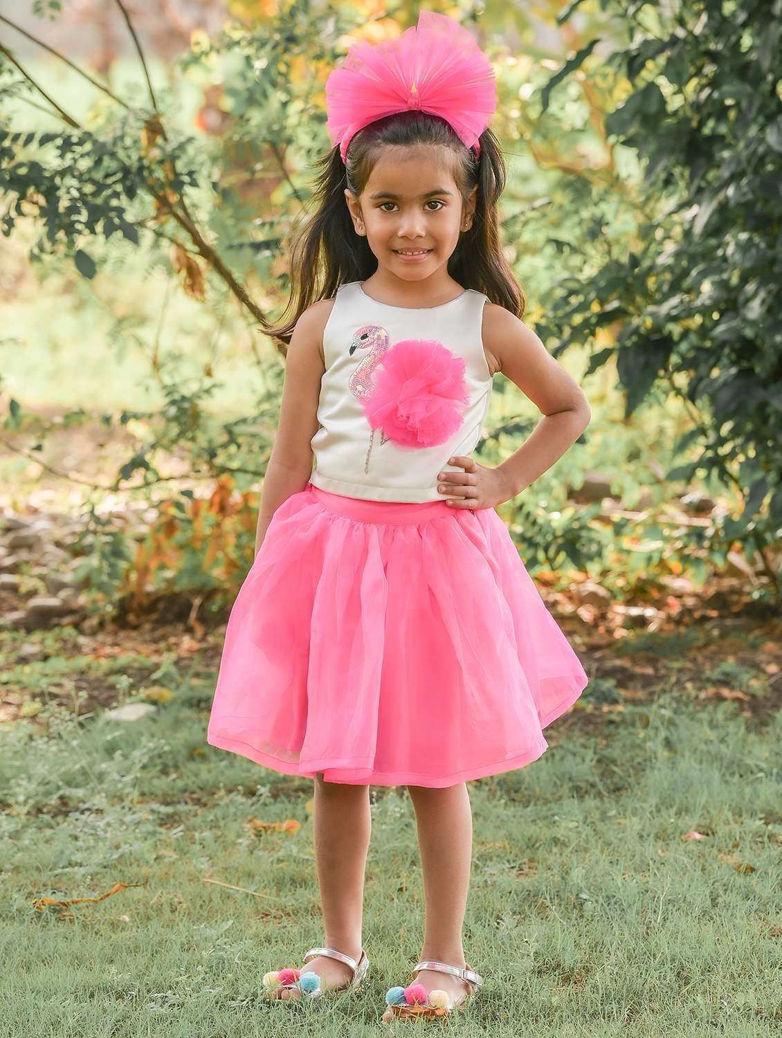 girls applique work top with skirt set  