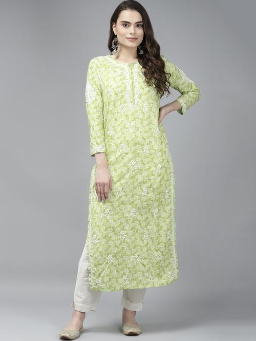  notch neck cotton chikankari straight kurta - 18439715 -  Standard Image - 0