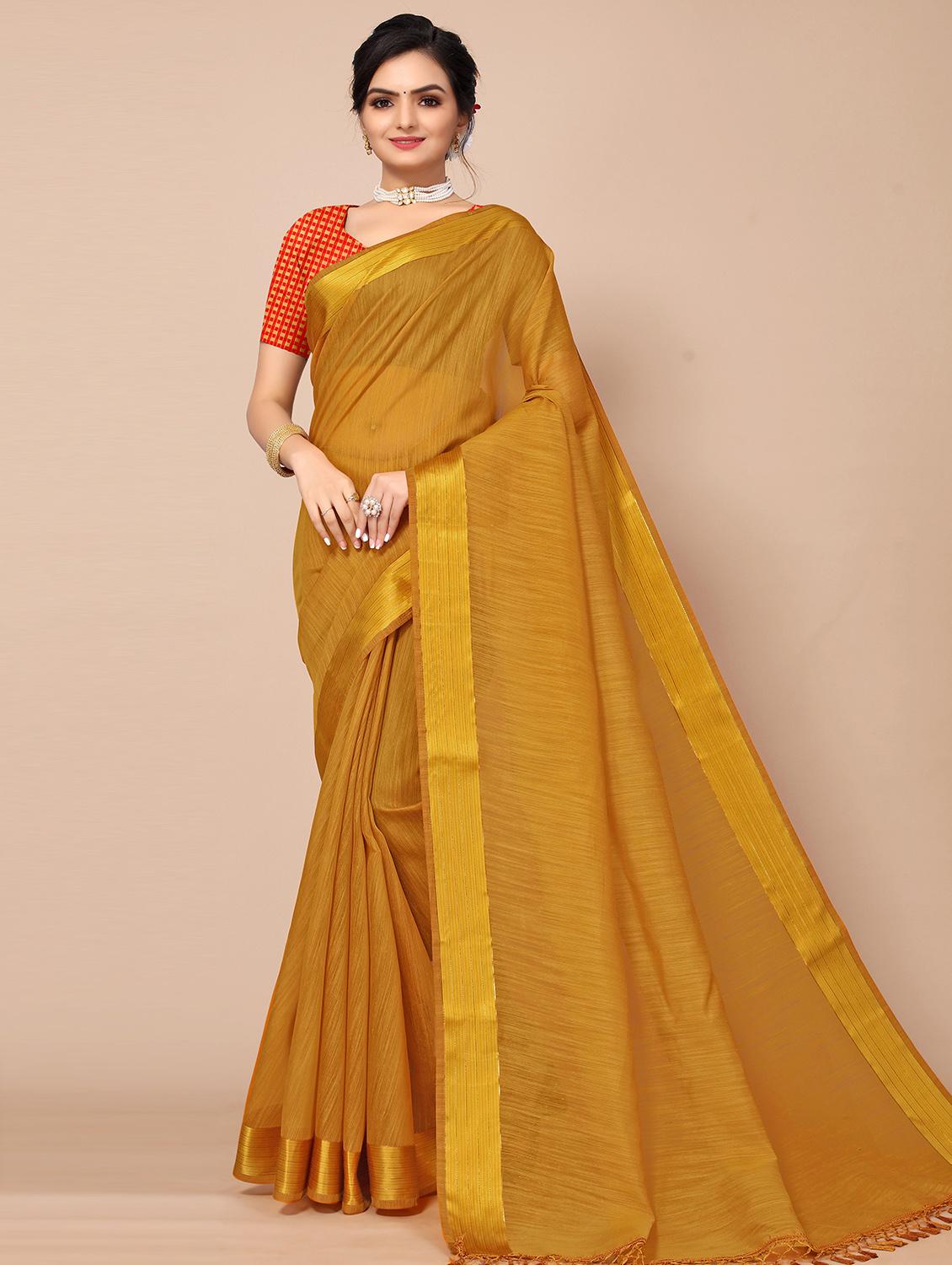 women's bordered mustard colored saree with blouse