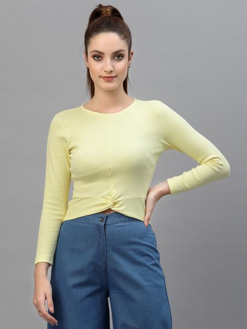 yellow solid long sleeved crop top - 18439875 - Standard Image - 0