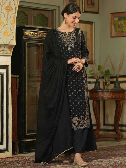 women yoke embroidered printed kurta palazzo set with dupatta - 18439958 - Standard Image - 0