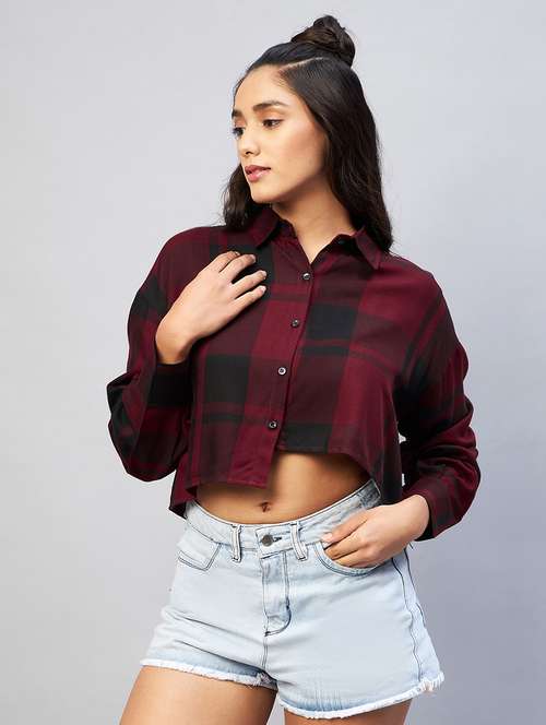 long sleeved checkered crop shirt - 18440109 -  Standard Image - 0