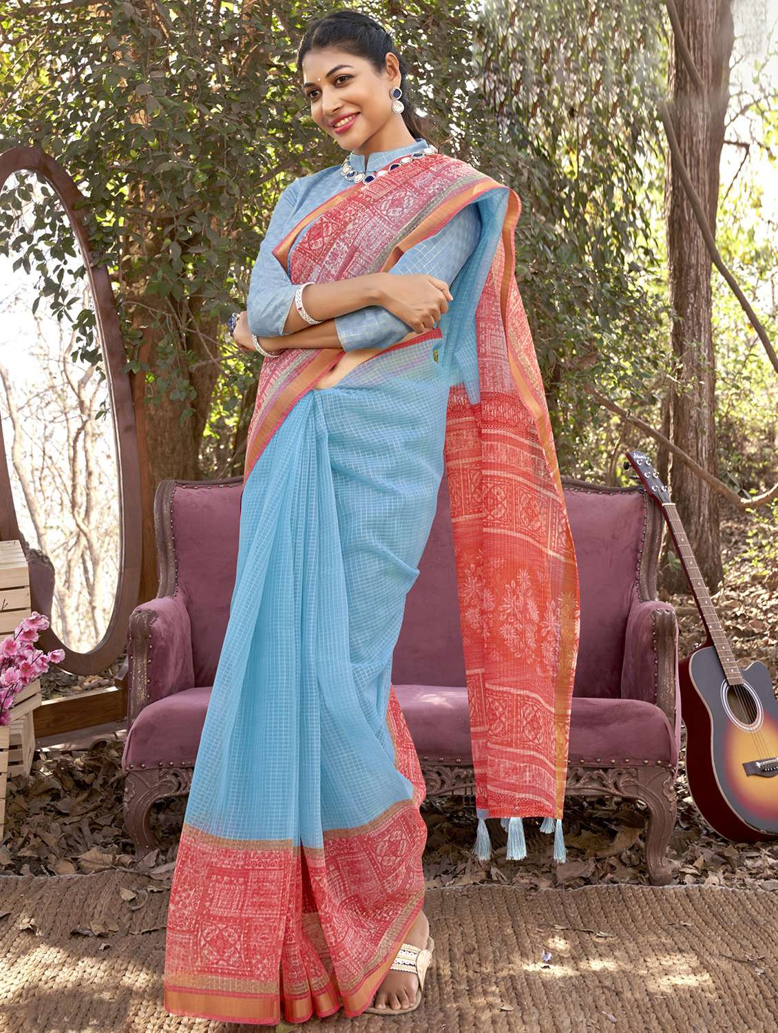 contrast bordered checkered saree with blouse
