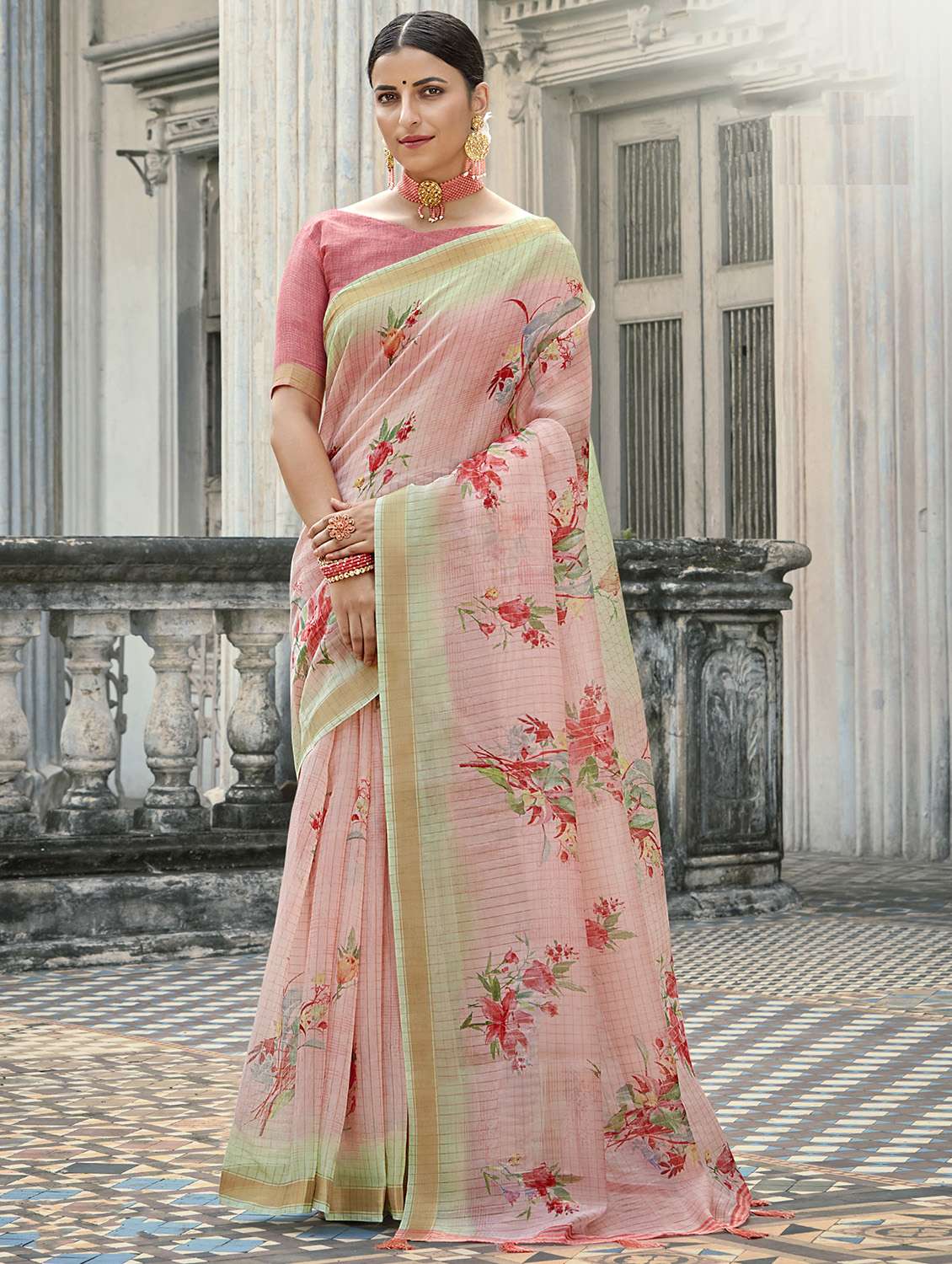 golden zari work printed saree