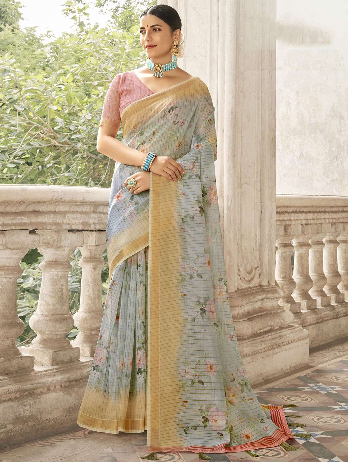 golden zari work printed saree with blouse