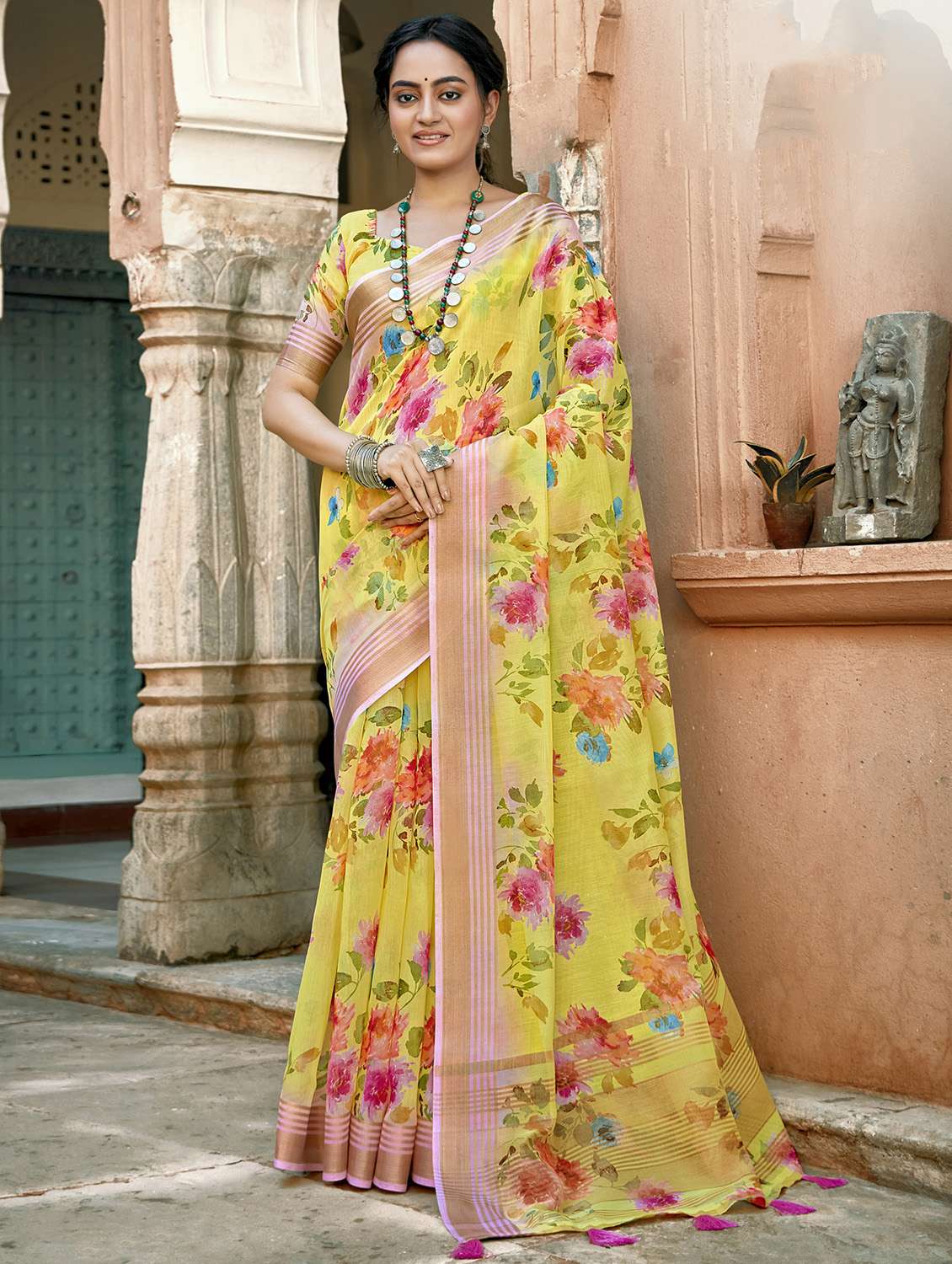 golden zari work printed saree with blouse