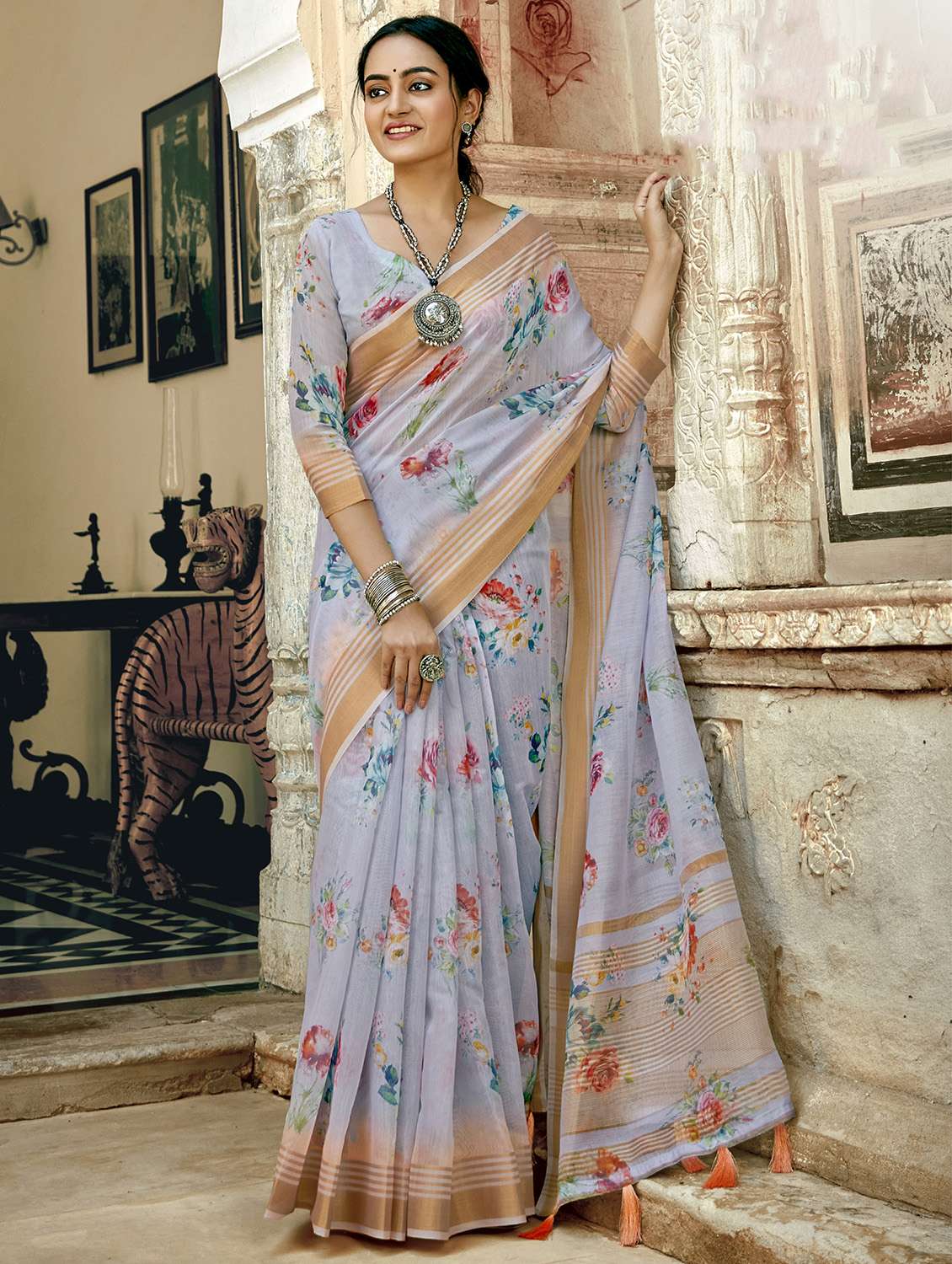 golden zari work printed saree with blouse