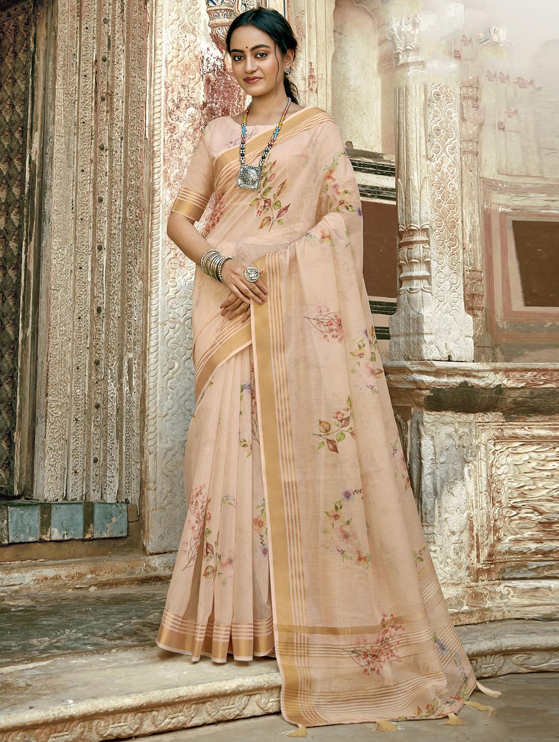 golden zari work printed saree with blouse