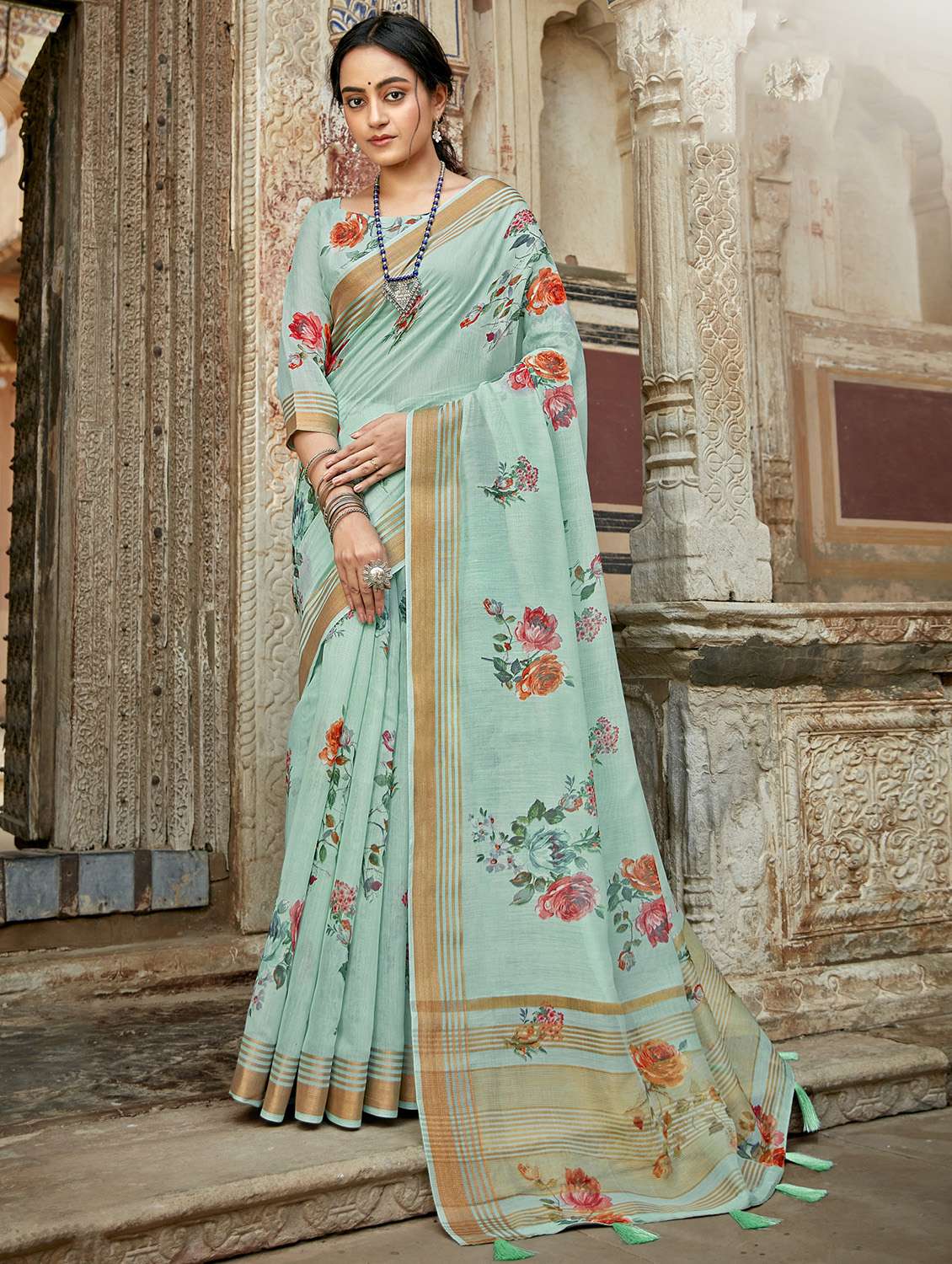 golden zari work printed saree with blouse