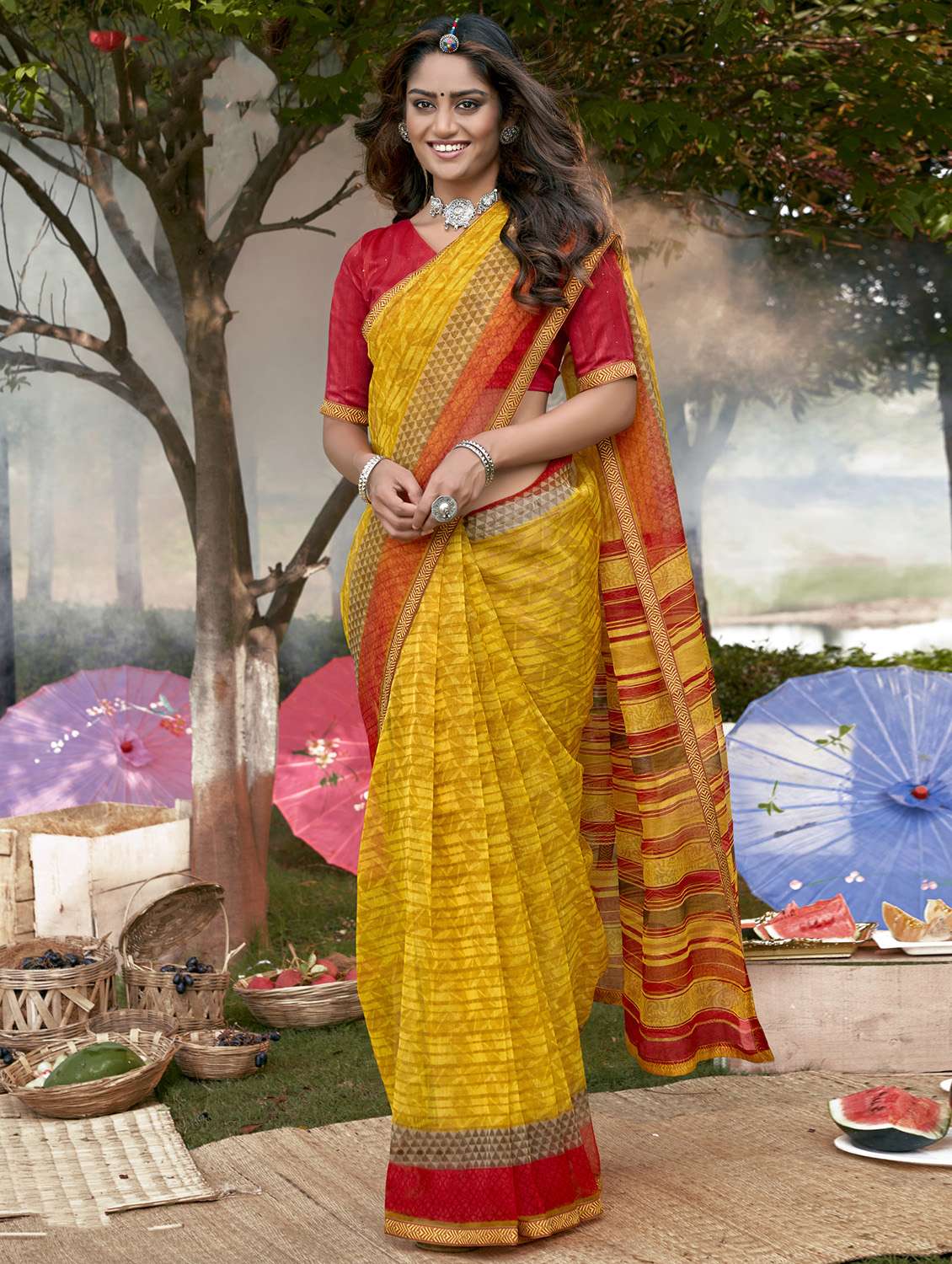 lace bordered printed saree with blouse
