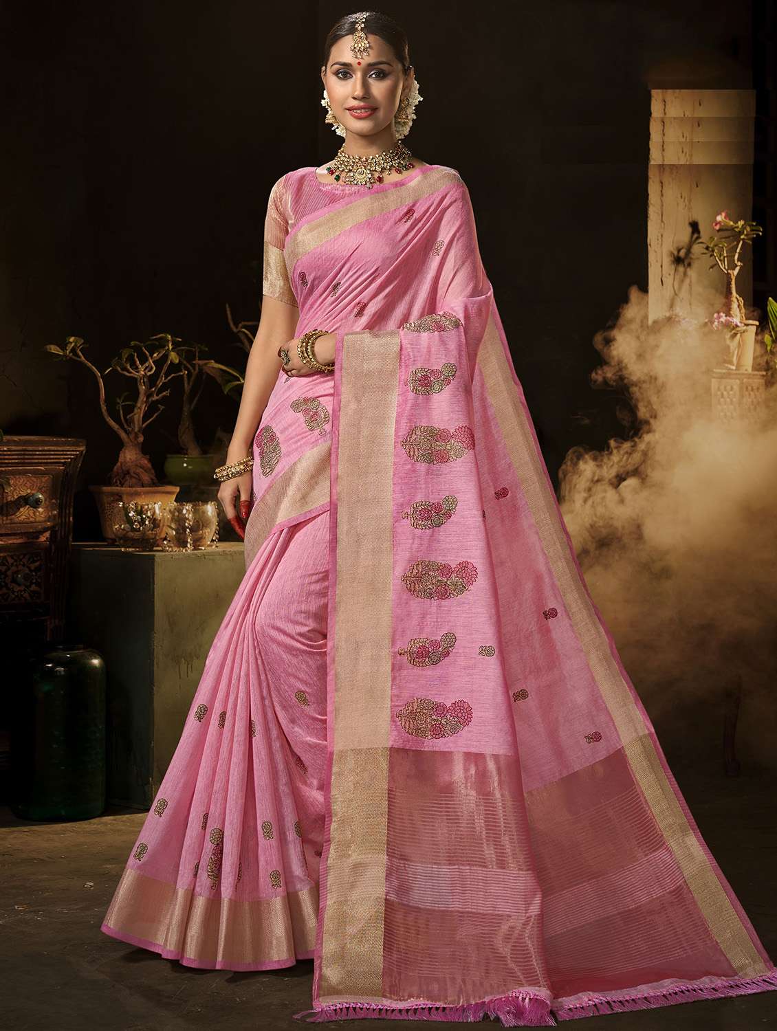 golden zari work embroidered saree with blouse