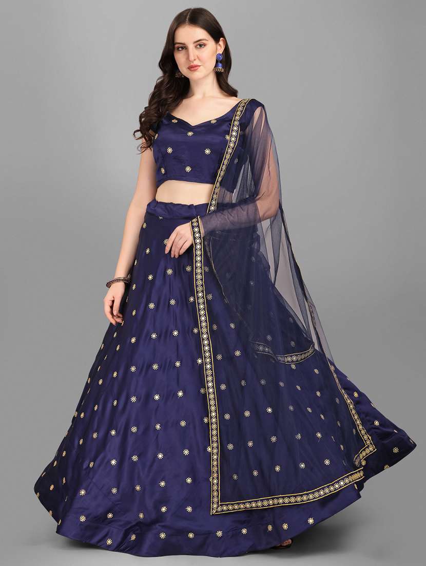 navy blue embroidered semi-stitched lehenga choli with dupatta