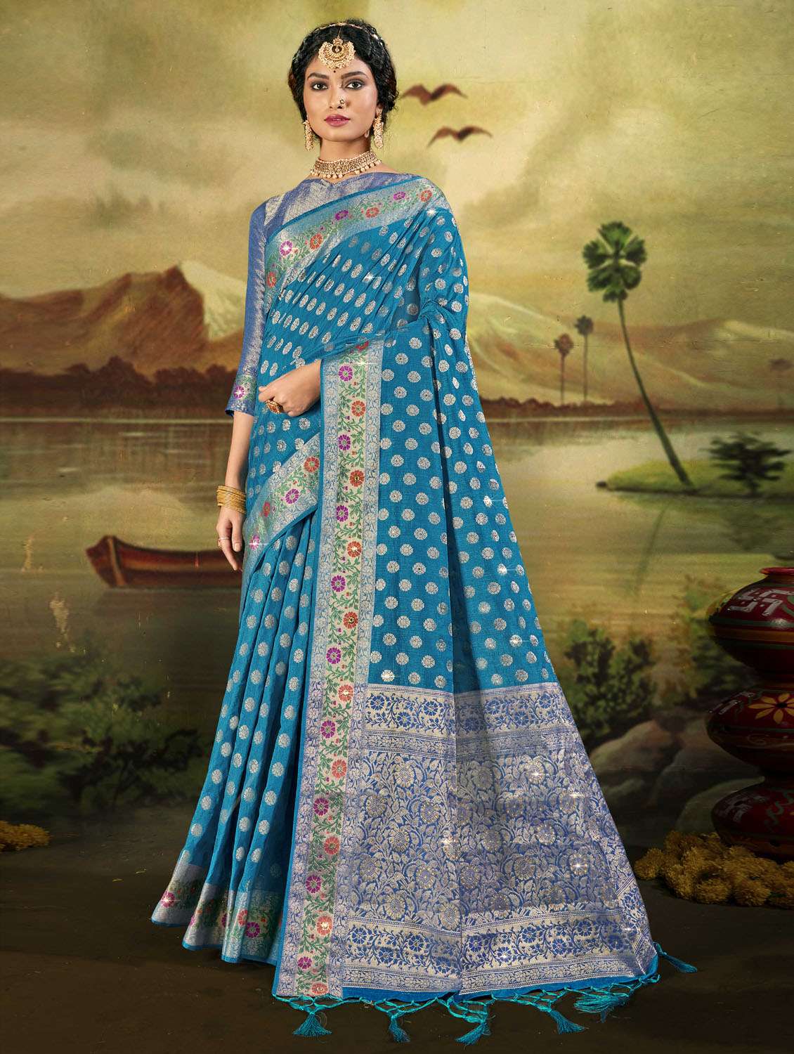 light blue zari work woven saree with blouse
