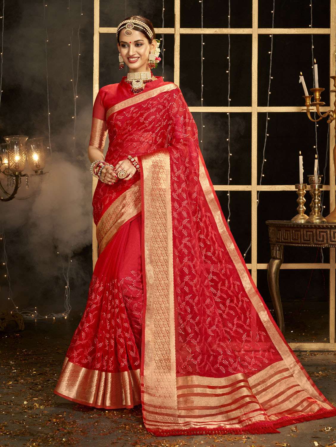 zari work embroidered saree with blouse