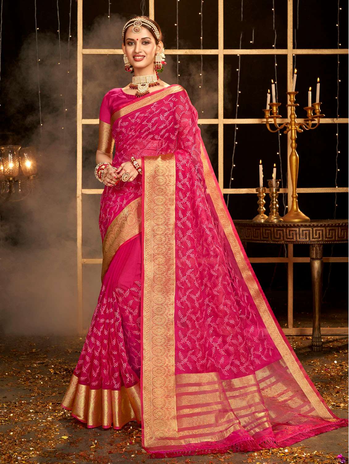 zari work embroidered saree with blouse