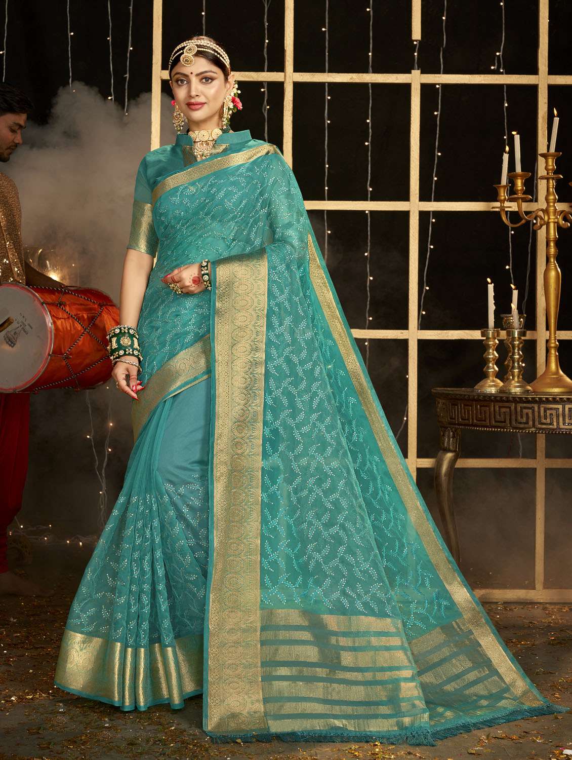 turquoise zari work embroidered saree with blouse