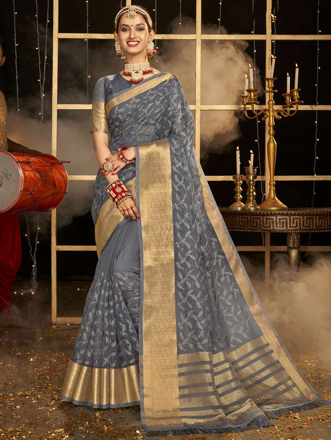 golden zari work tonal embroidered saree