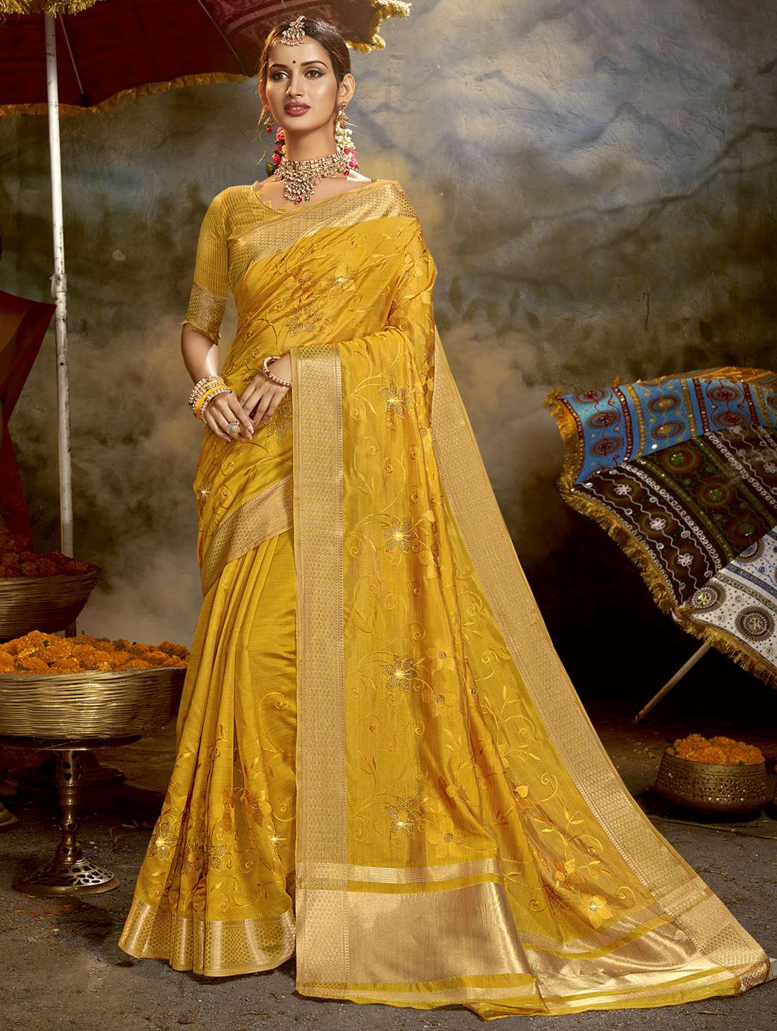 golden zari work tonal embroidered saree with blouse