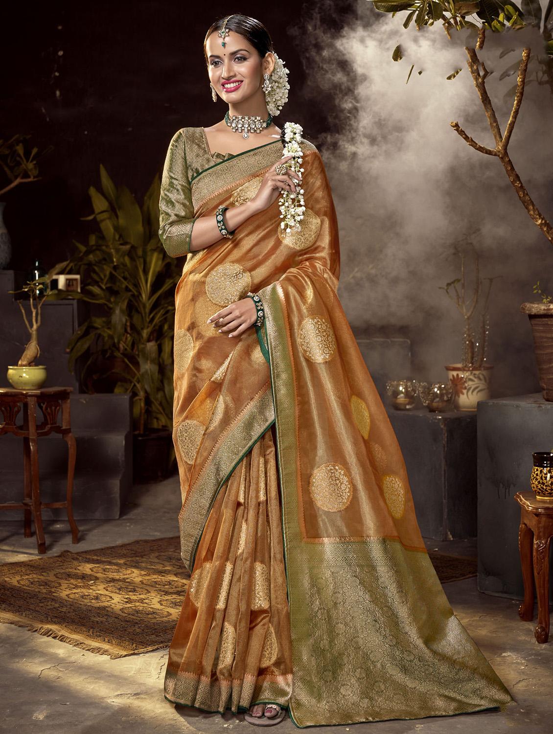 golden zari work handloom saree with blouse