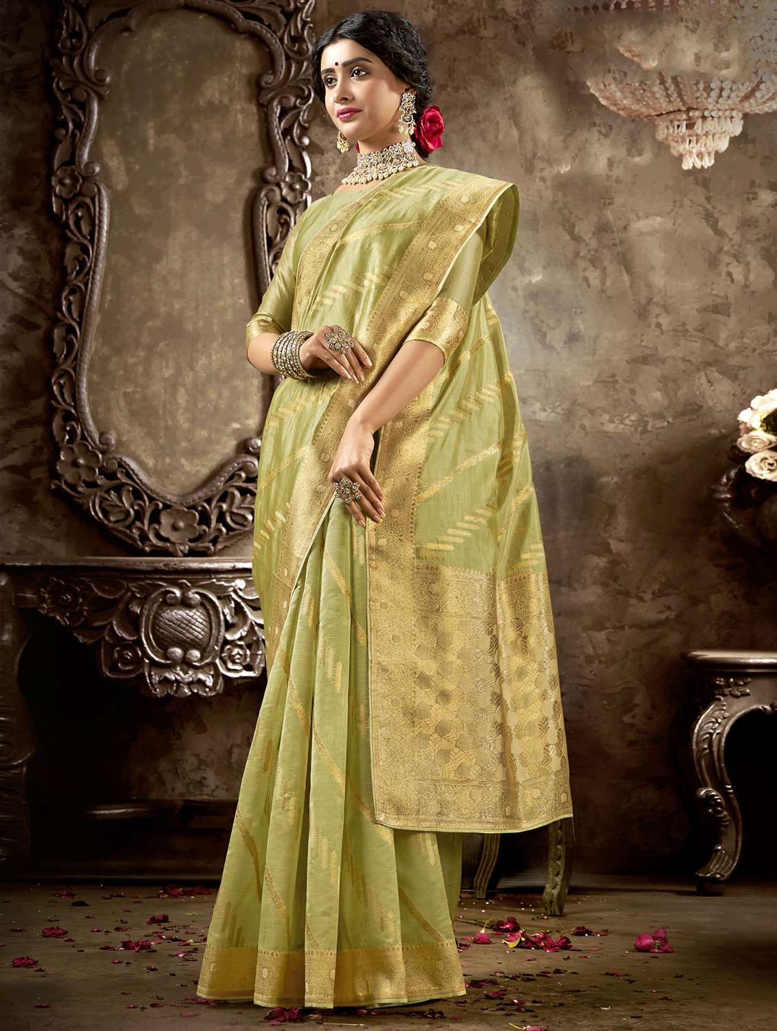golden zari work tussar saree with blouse