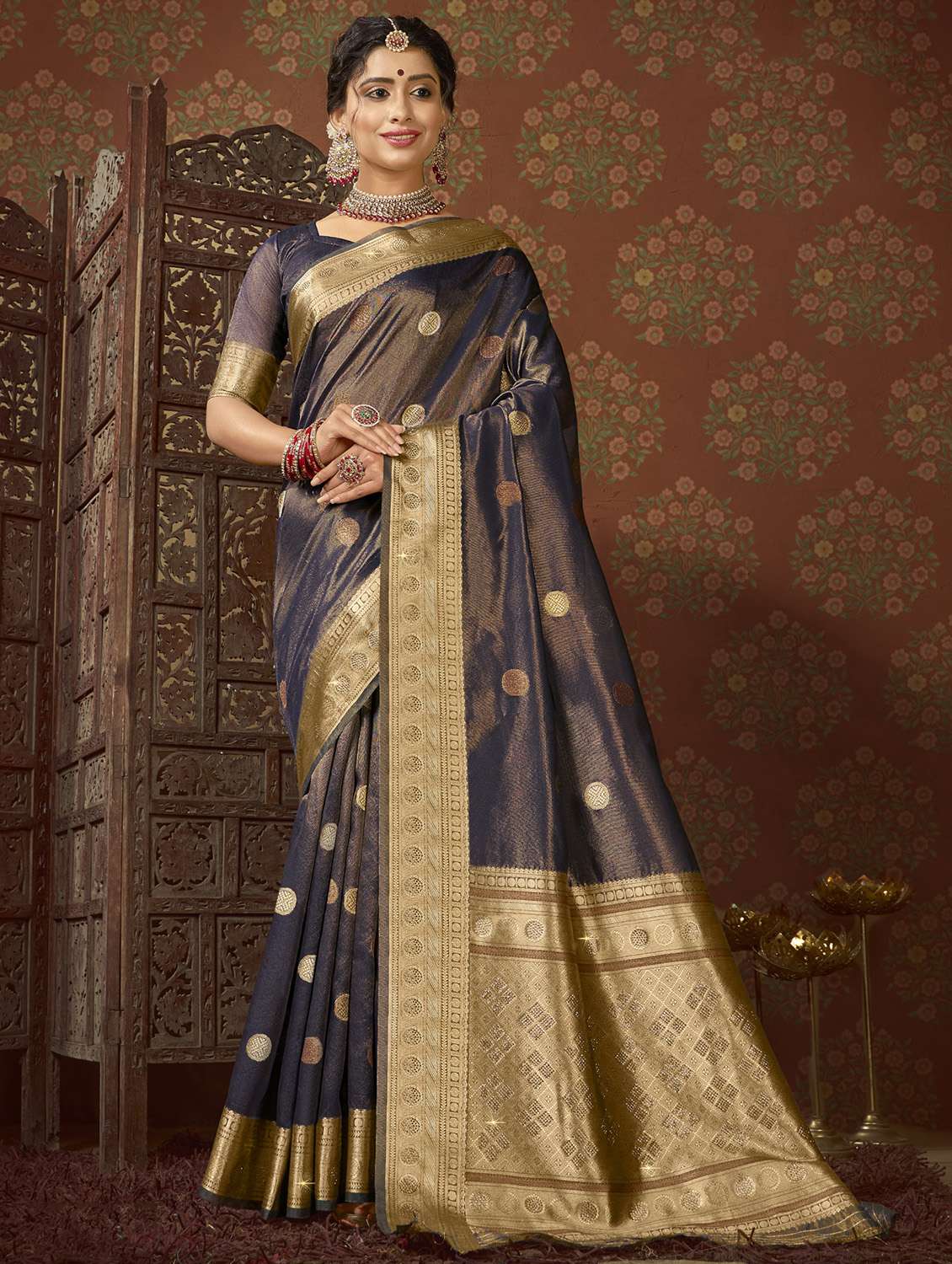 golden zari work woven saree with blouse