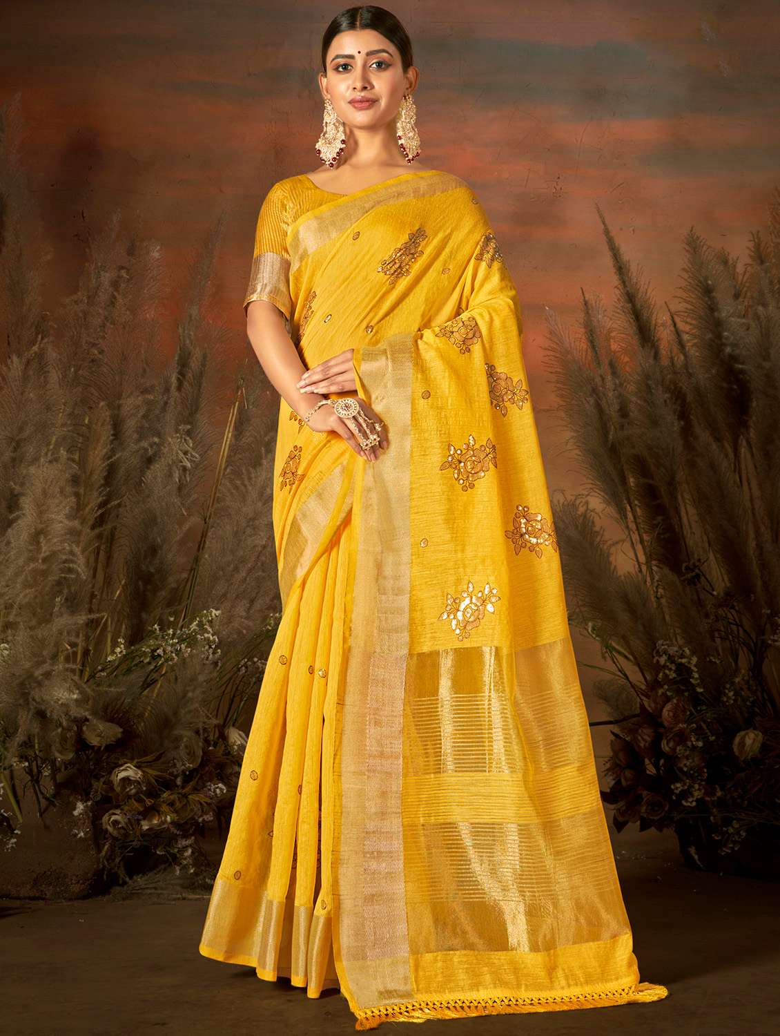 golden zari work woven saree with blouse