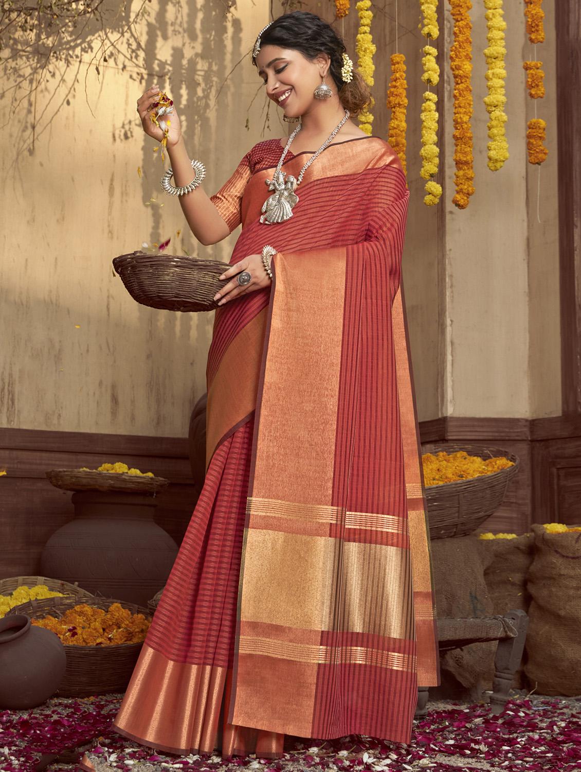 golden zari work woven saree with blouse