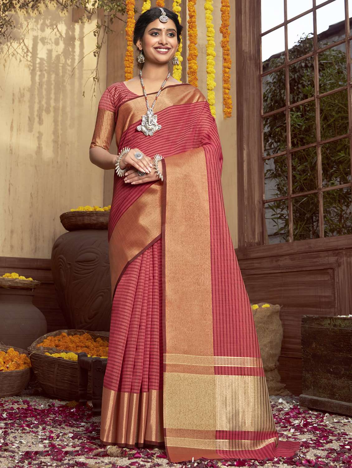 golden zari work woven saree with blouse