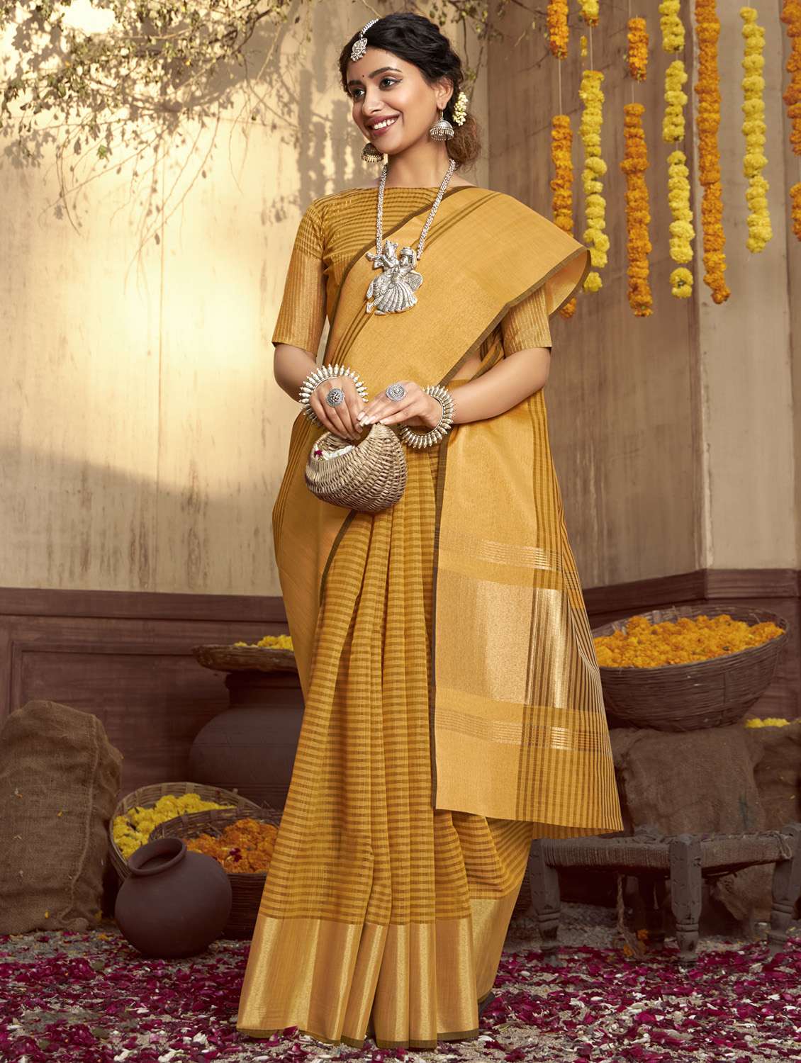 golden zari work woven saree with blouse