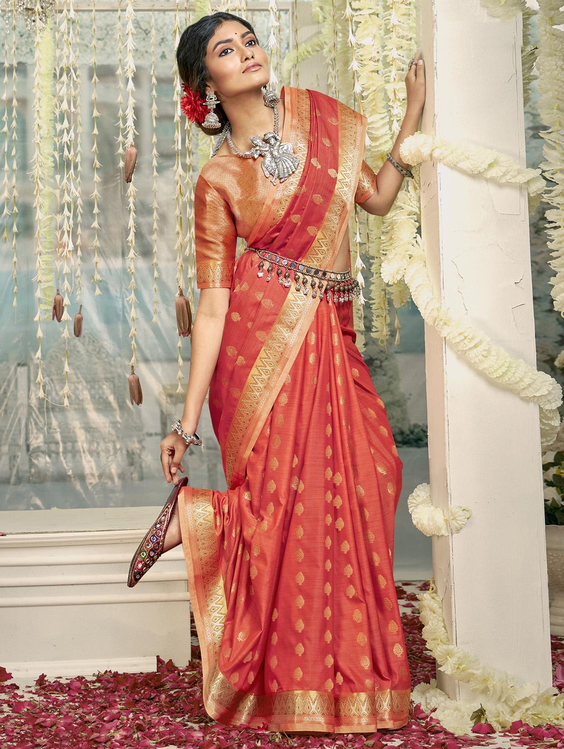 golden zari work woven saree with blouse