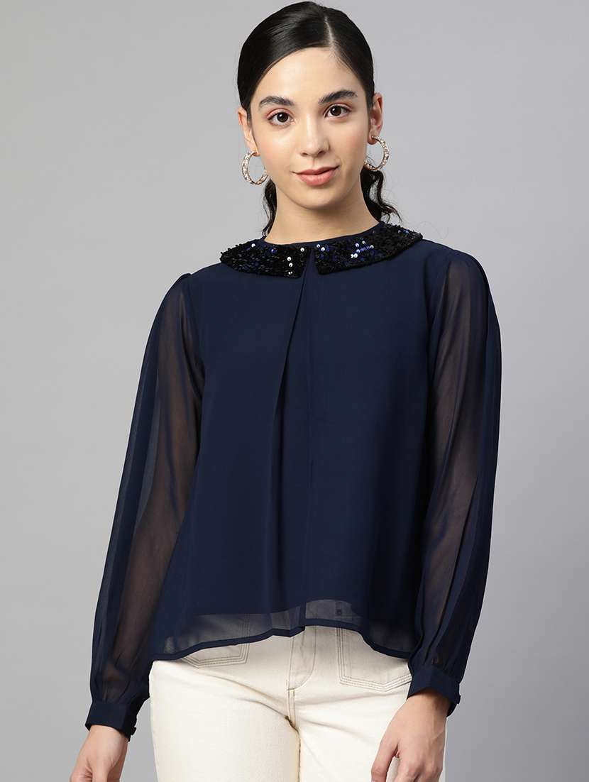 women navy blue long sleeve a-line top
