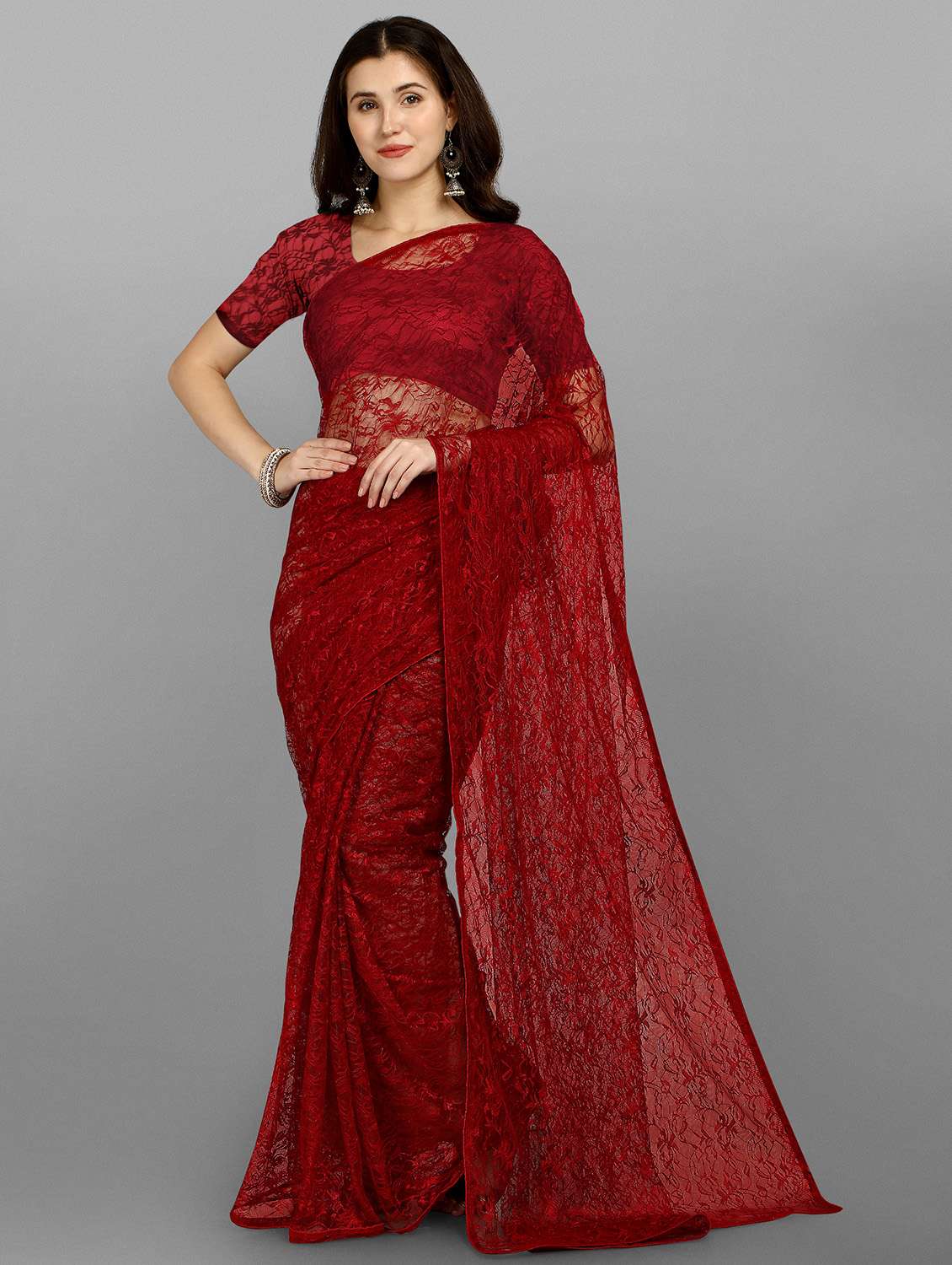 maroon net embroidered saree