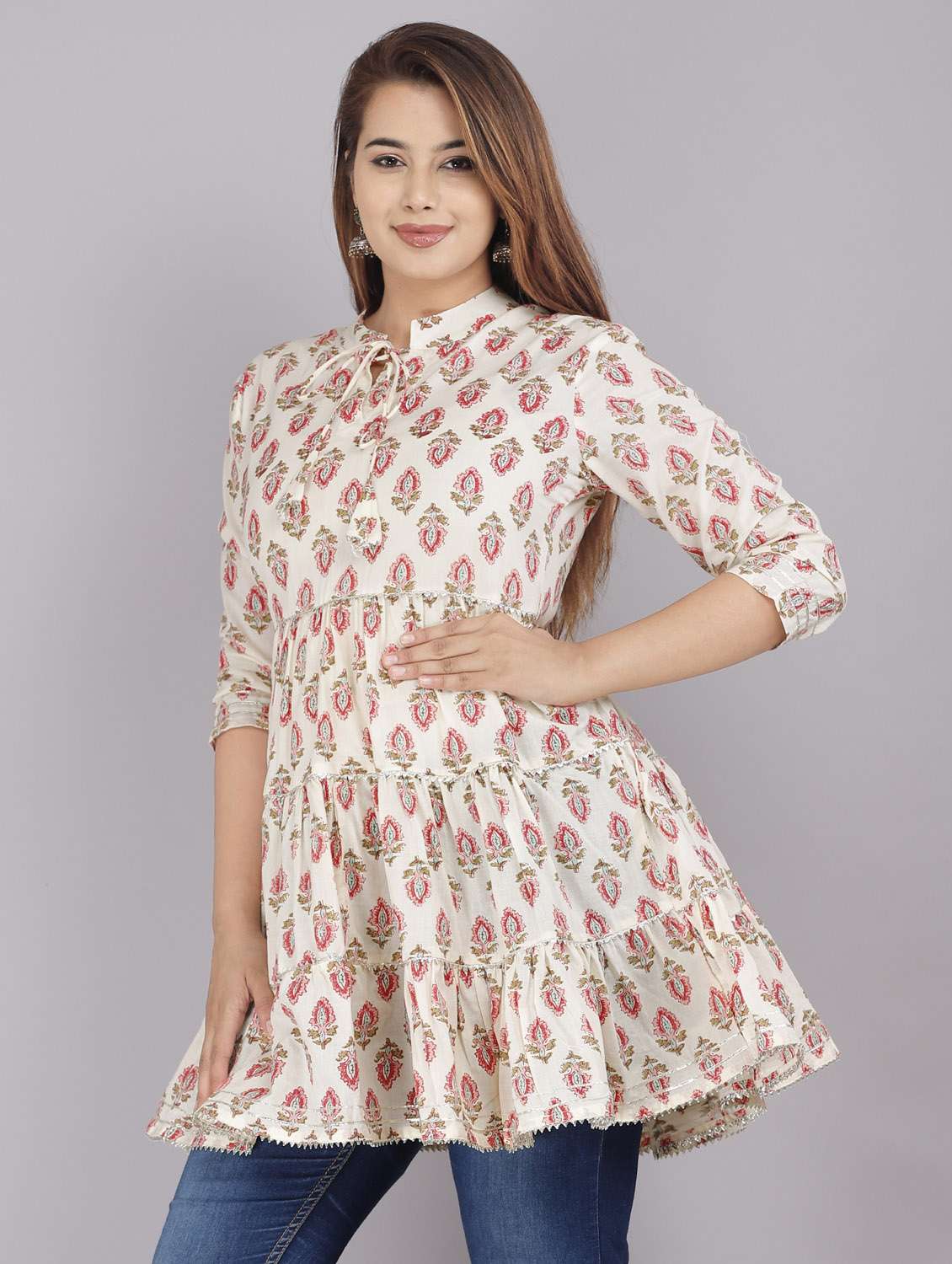 drawstring neck gota work floral kurti
