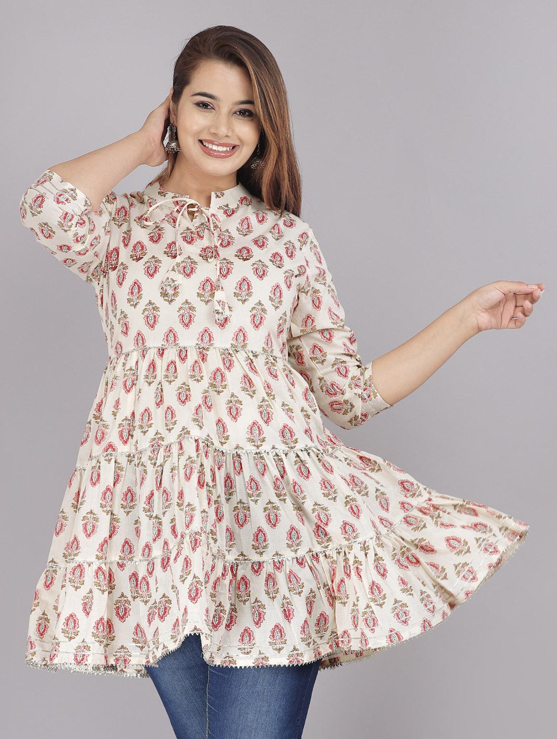drawstring neck gota work floral kurti - 18443789 -  Standard Image - 1