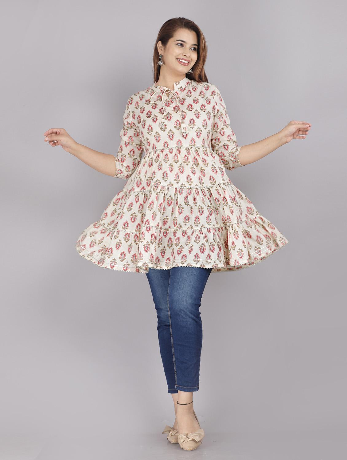 drawstring neck gota work floral kurti - 18443789 - Standard Image - 4