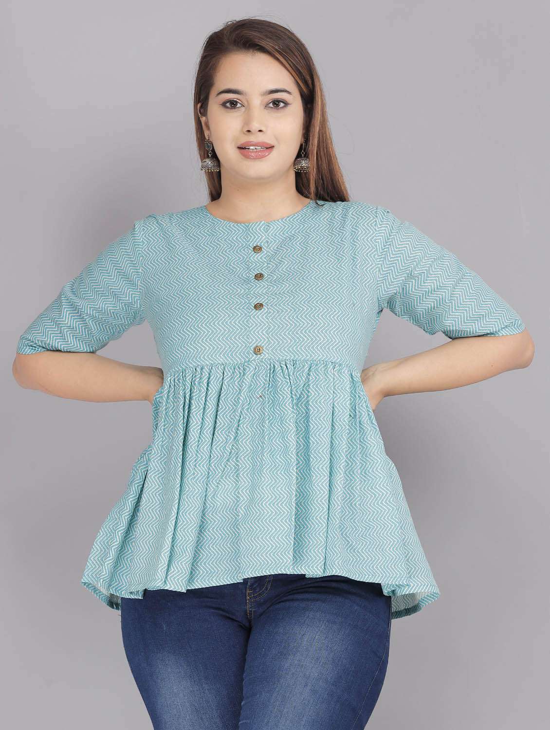 women chevron printed elbow sleeve ethnic top