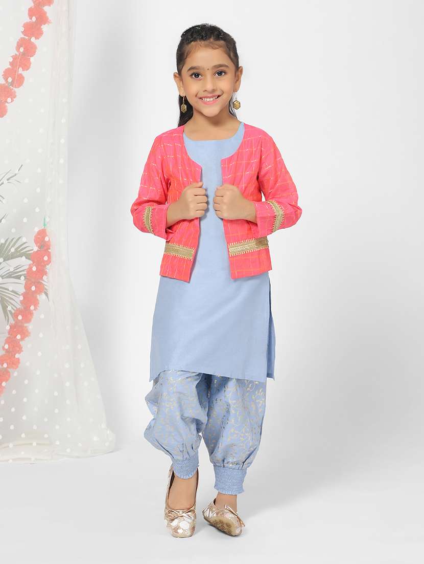 girl blue foil printed patiyala suit set with jacket 