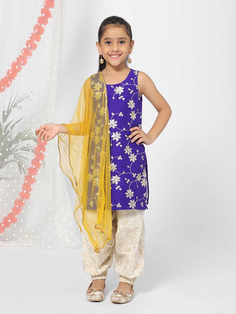 girl blue sequined patiyala suit set with dupatta 