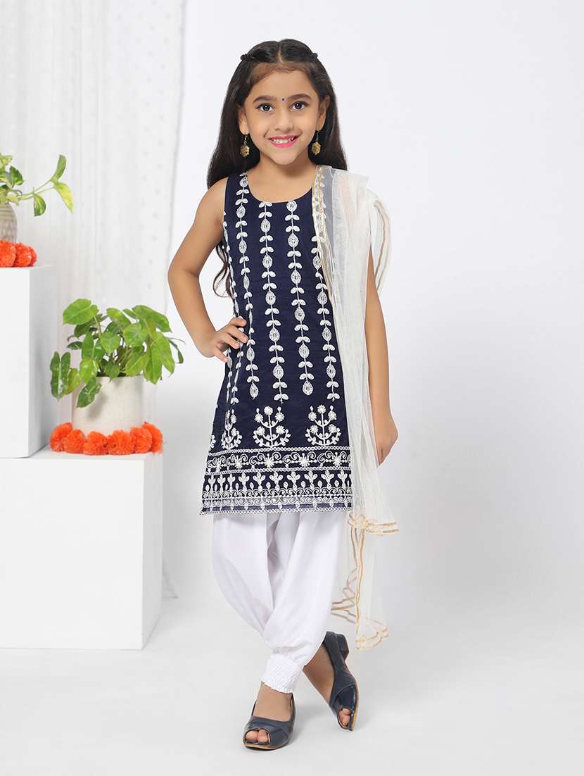 girl navy blue embroidered patiyala suit set with dupatta 