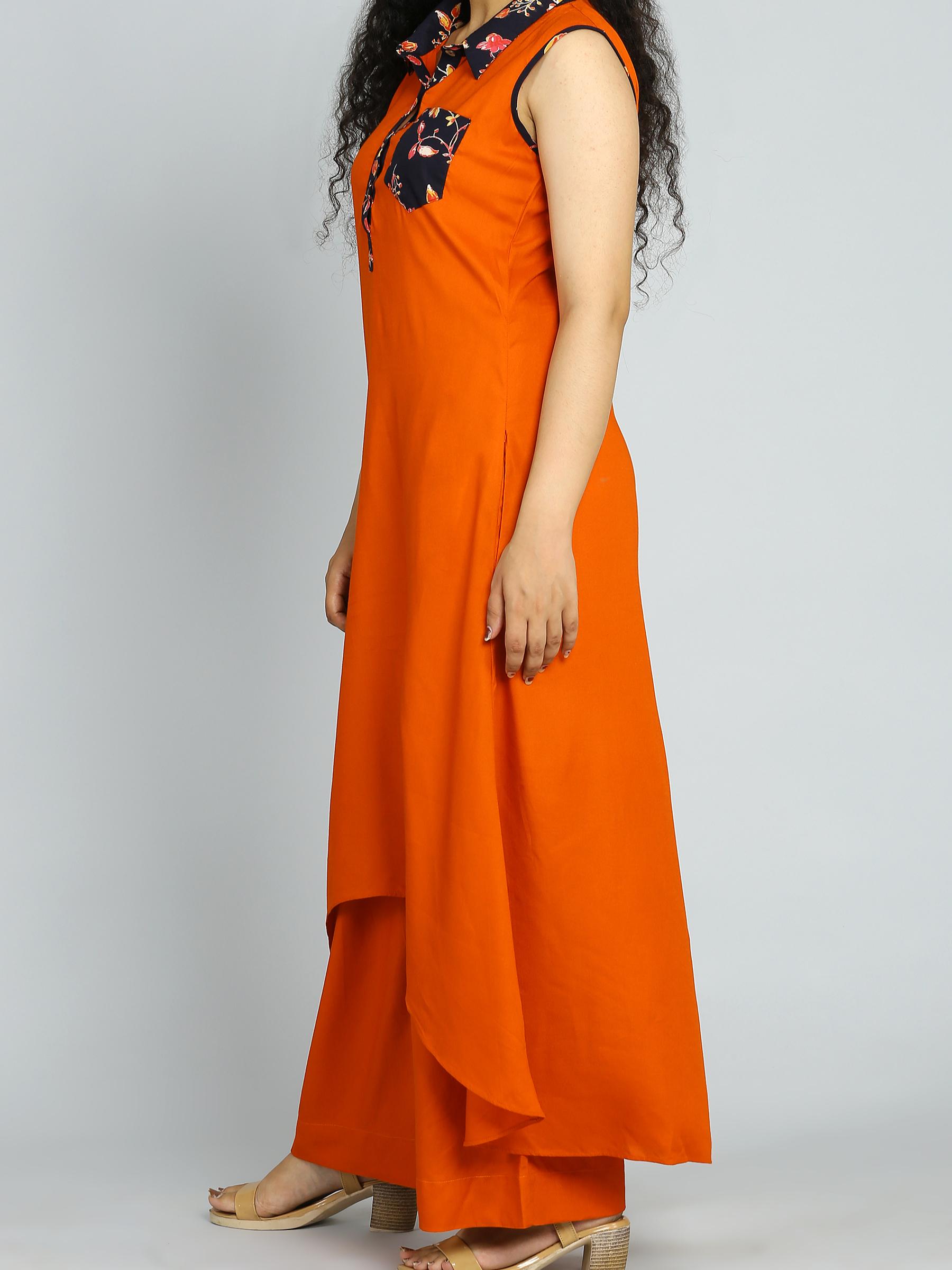 orange solid kurta palazzo set - 18445311 - Standard Image - 1