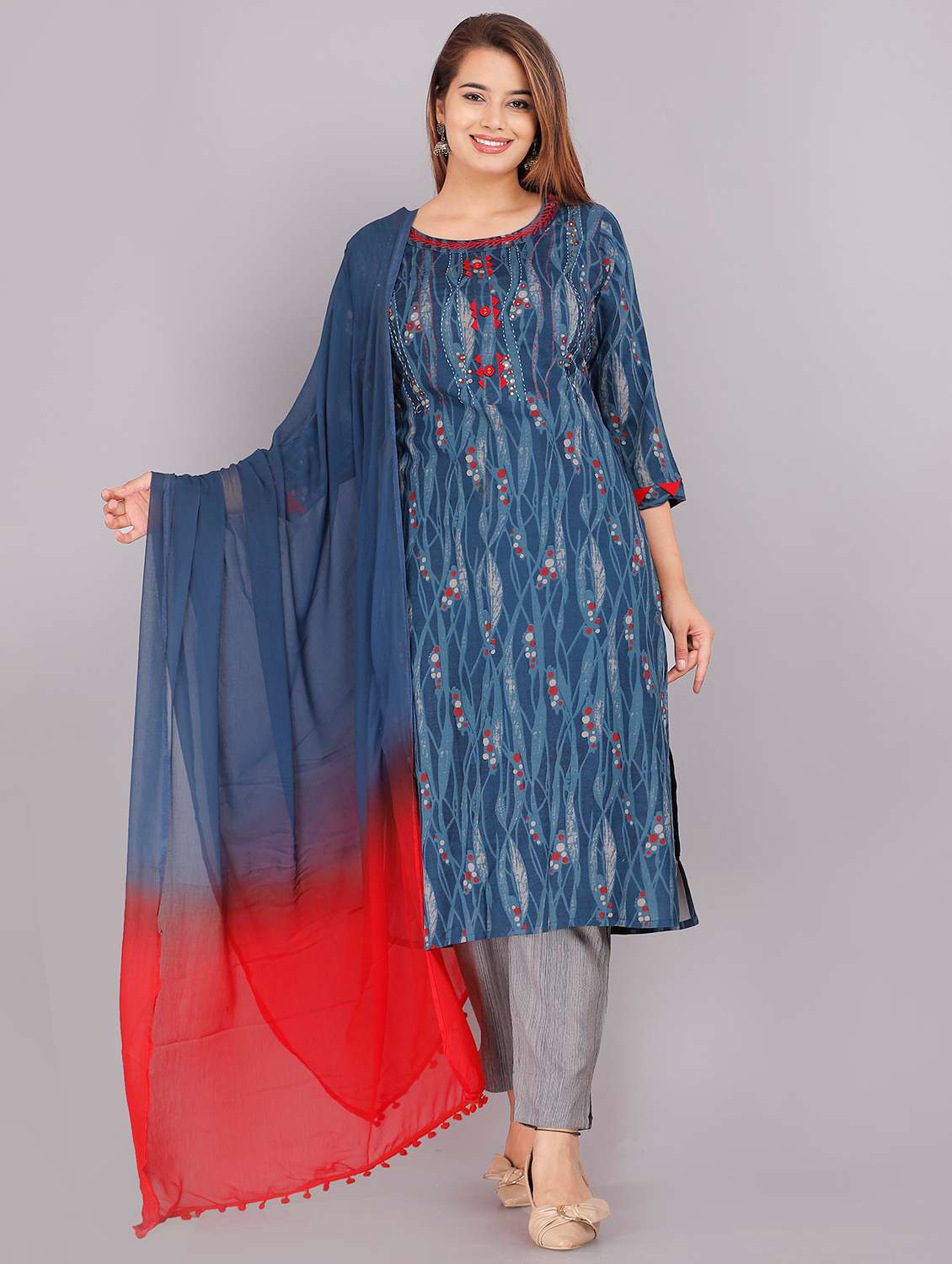 printed kurta pant set with dupatta