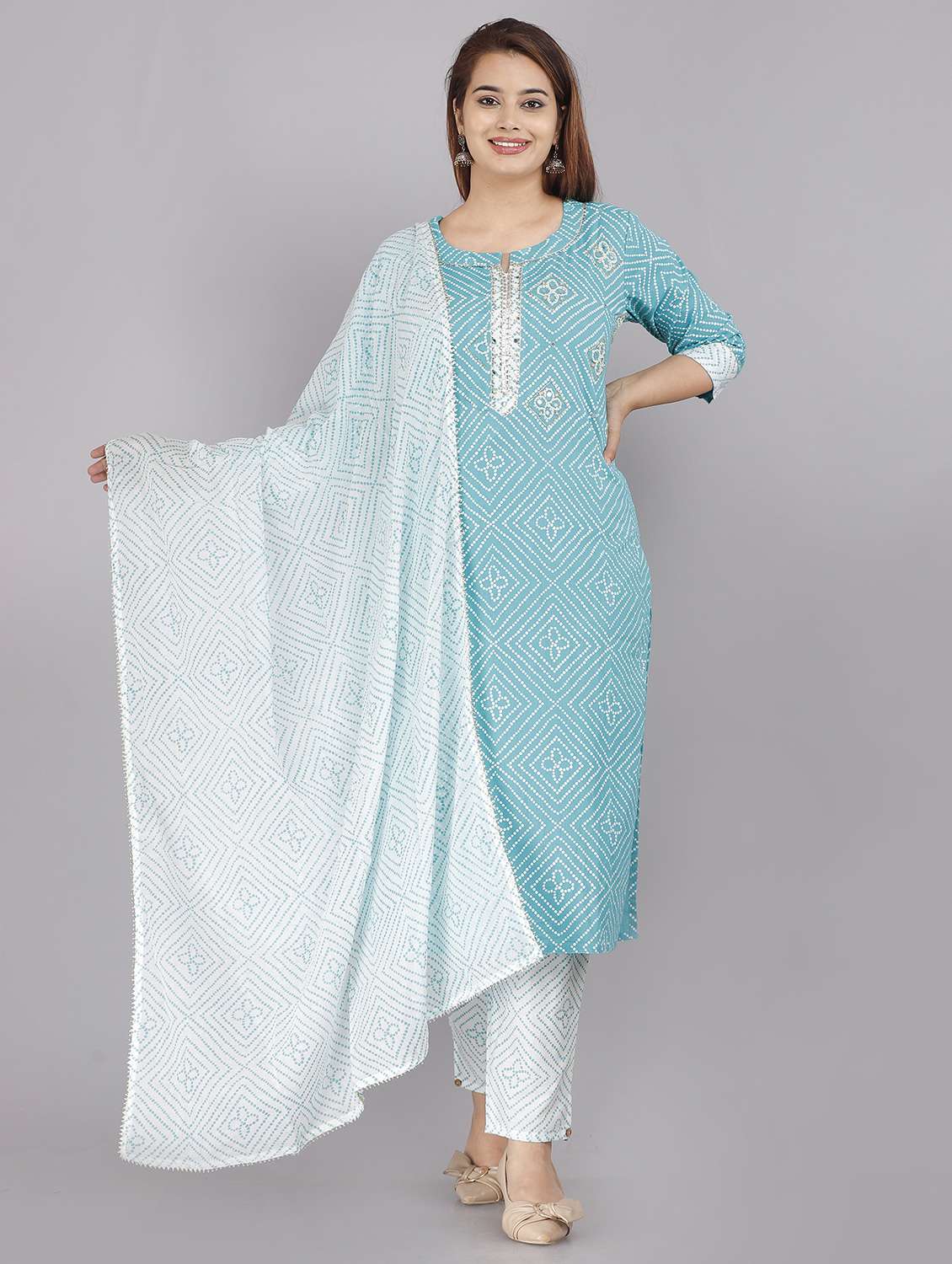 bandhani printed kurta pant set with dupatta
