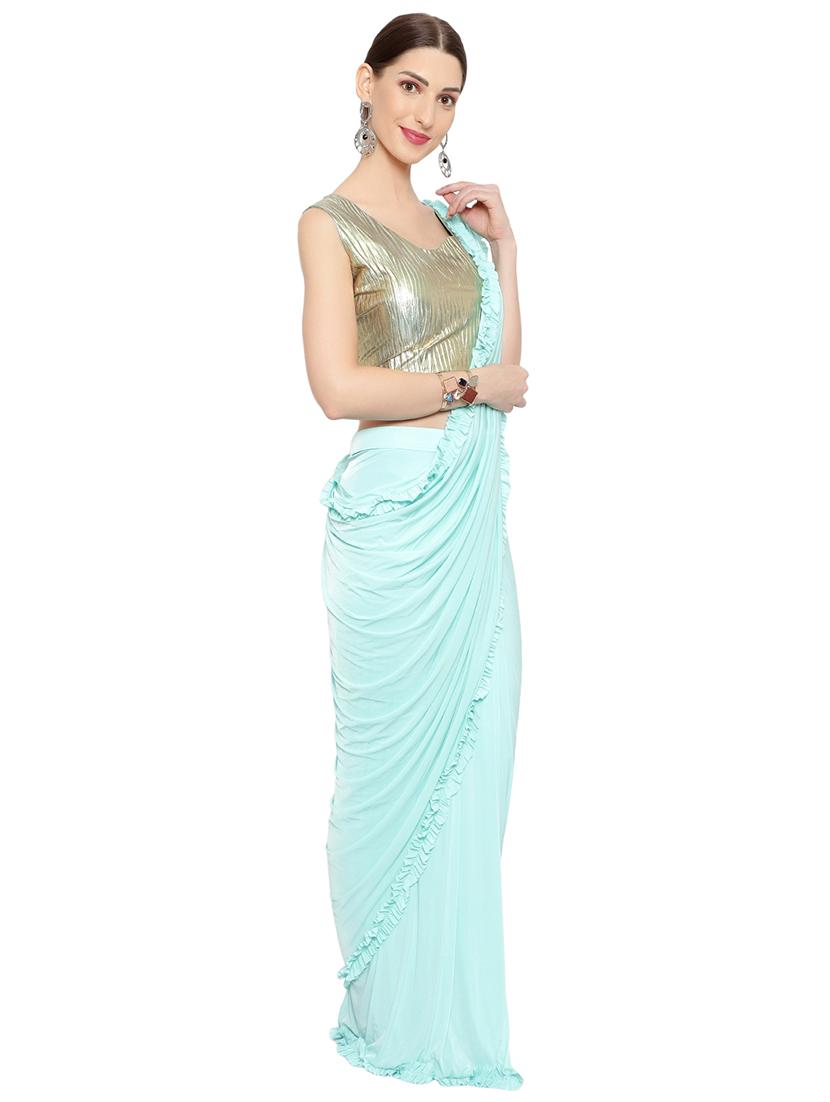 sea green solid ruffled draped saree with blouse - 18445535 - Standard Image - 1