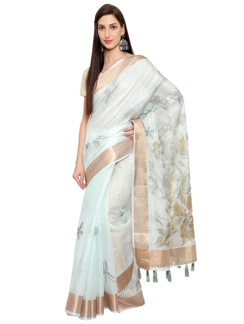 green golden zari border printed saree with blouse