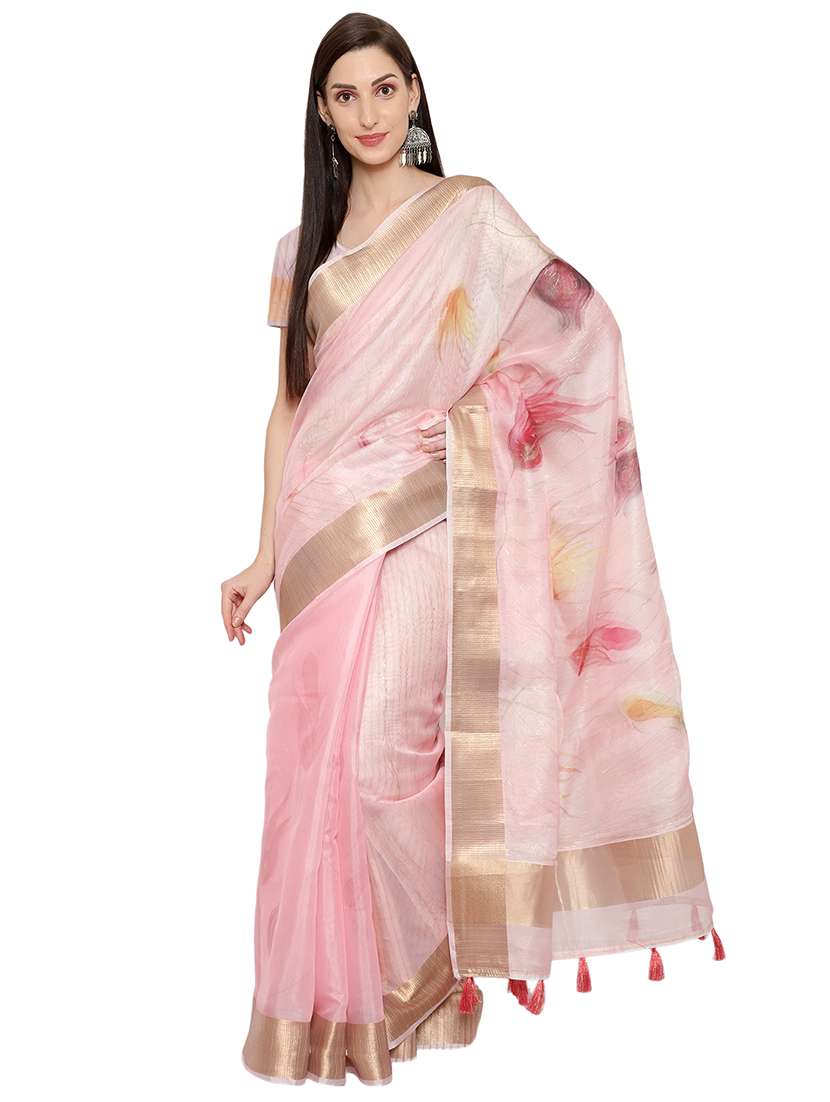 gold zari border printed saree with blouse