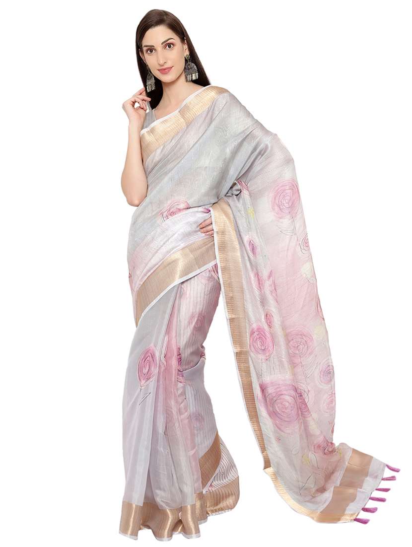 gold zari border printed saree with blouse