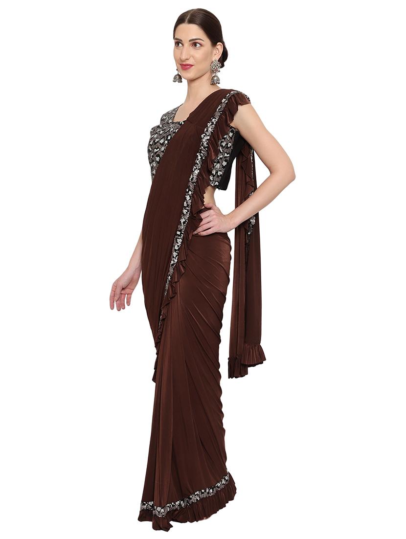sequin lace detailed solid draped saree with blouse - 18445566 -  Standard Image - 1