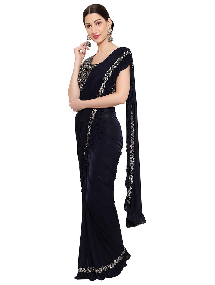 sequin lace detailed solid draped saree with blouse - 18445567 - Standard Image - 1