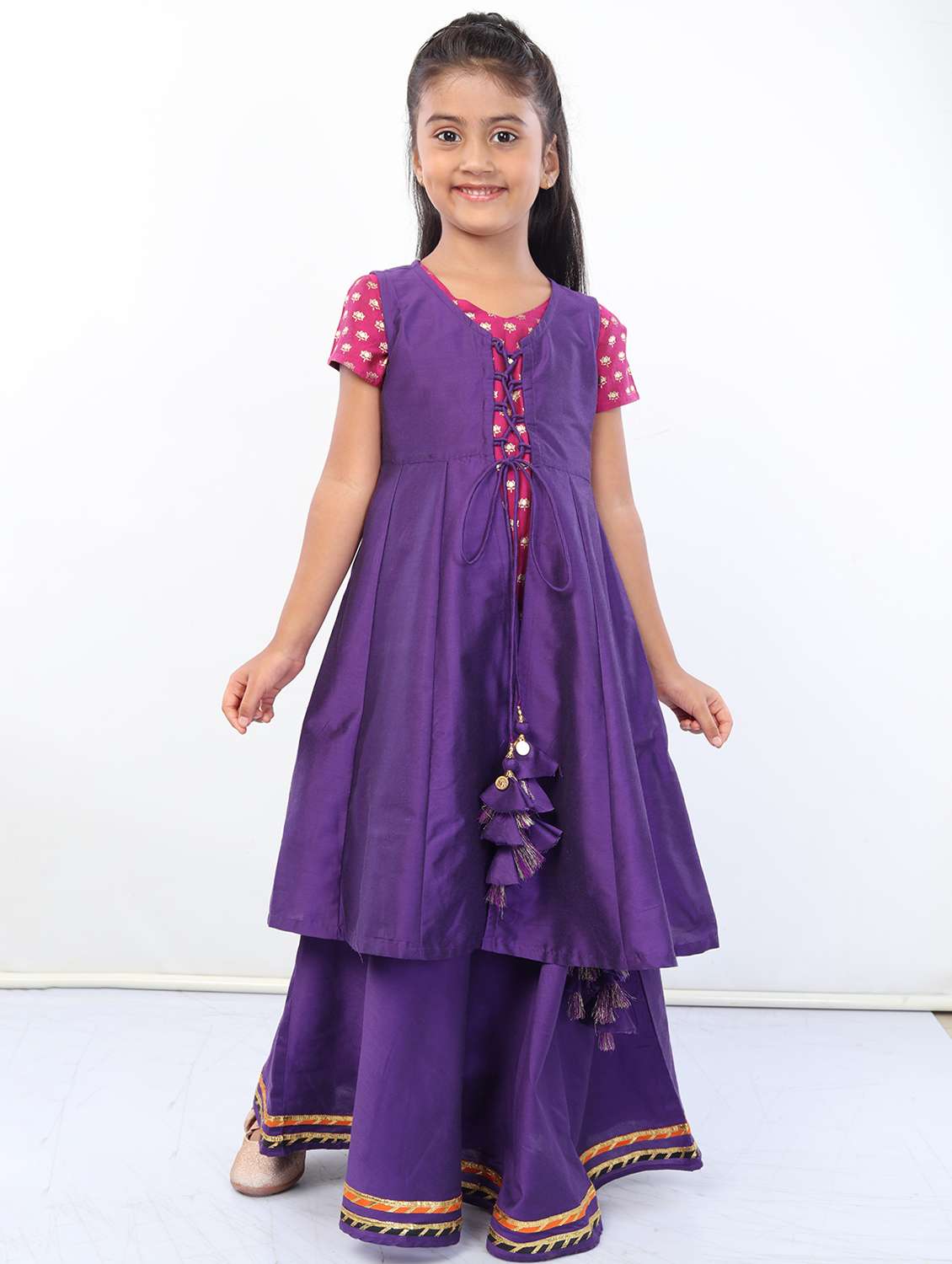 girls purple solid kurta sharara set 